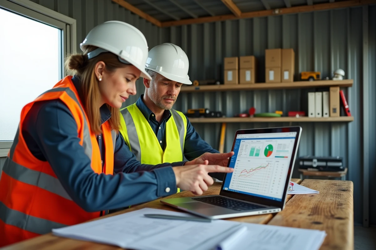 Équipe PME BTP analysant un logiciel de suivi de chantier sur ordinateur portable dans un bureau de chantier temporaire