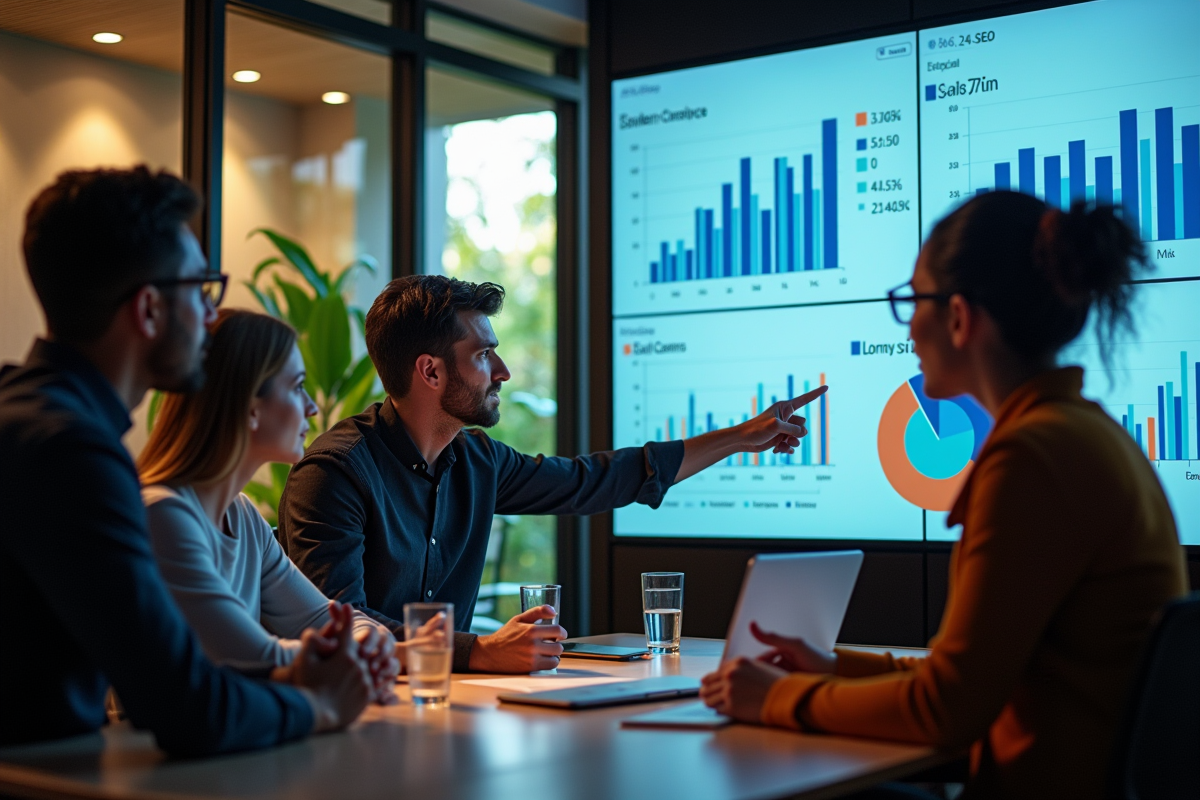 Equipe diverse en réunion analysant des graphiques SEO