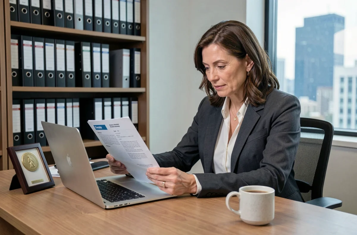 Femme cadre examinant des documents officiels relatifs à la prime de médaille du travail dans un bureau privé avec la médaille posée sur le bureau