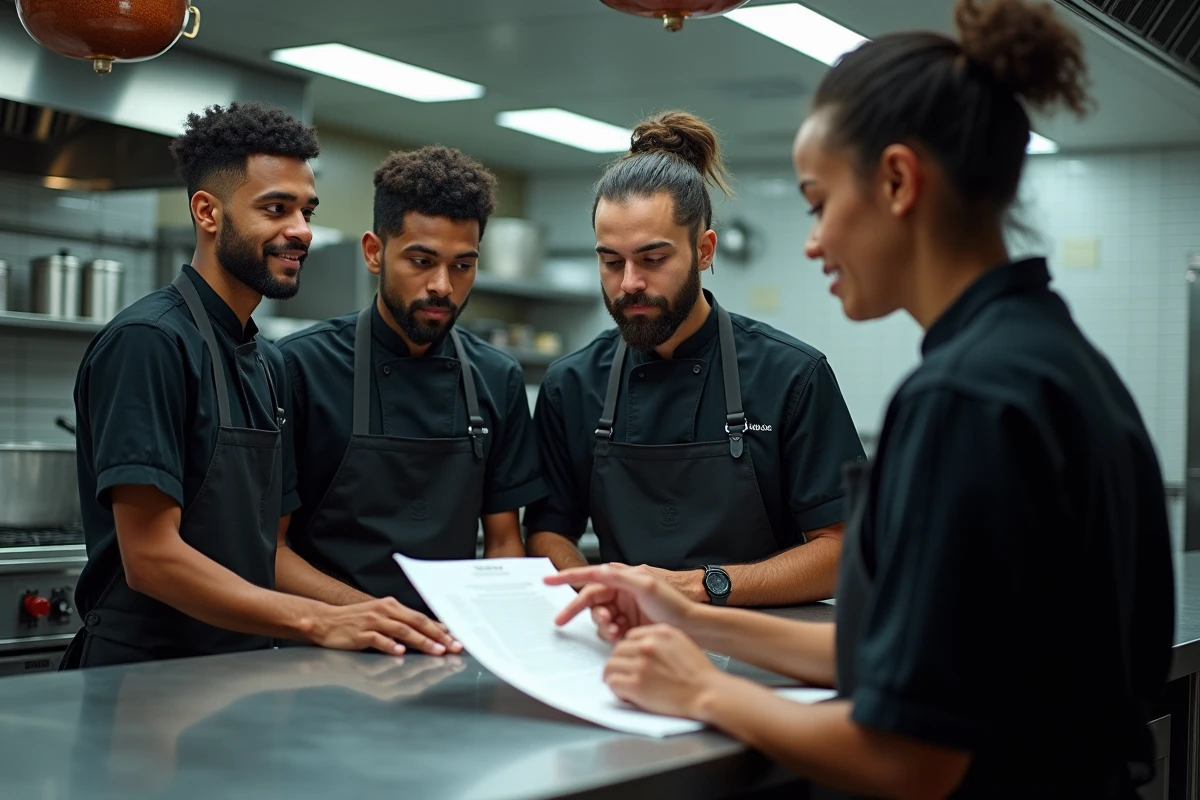 Étudiants en formation hôtelière et culinaire autour d'un plan de cours dans une cuisine pédagogique professionnelle