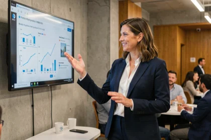 Femme d'affaires présentant une stratégie de ciblage de décideurs lors d'un événement B2B professionnel