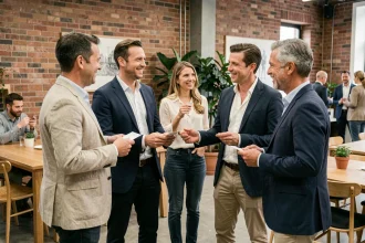 Groupe d'entrepreneurs français échangeant des cartes de visite lors d'un événement de networking gratuit organisé par lesentreprisesfrenchy