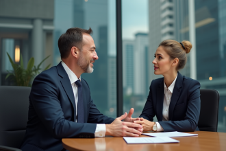 Homme executif en costume navy en discussion avec une coach
