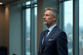 Cadre d’un homme executif confiant en costume dans un bureau moderne