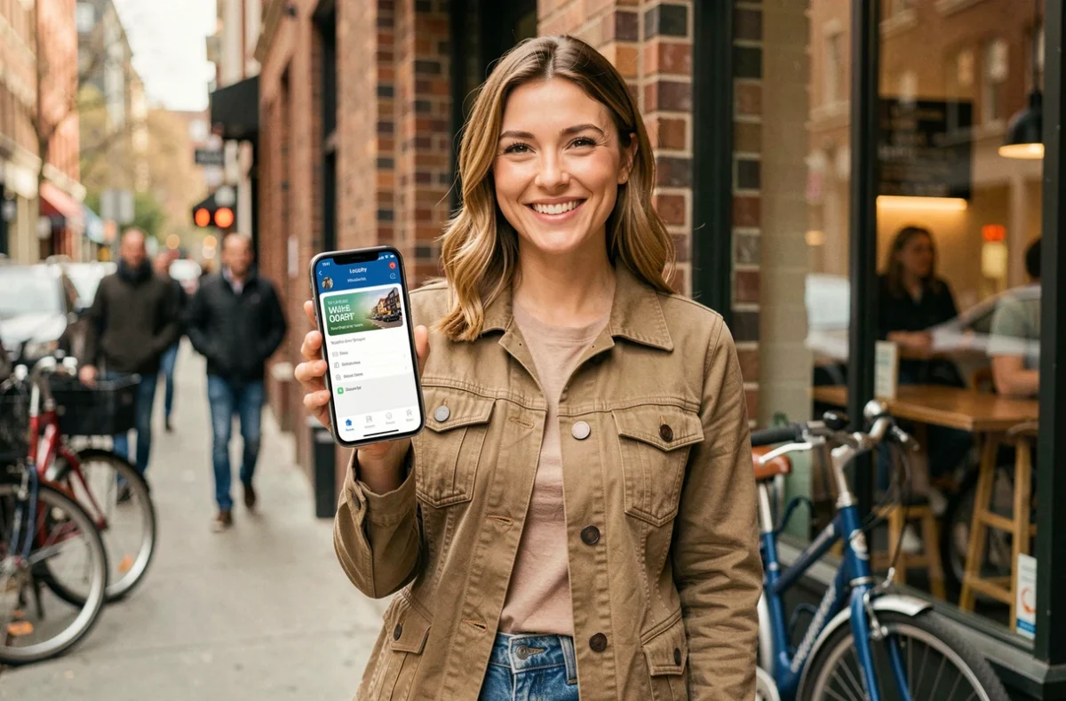 Jeune femme consultant une application de fidélité sur smartphone devant un café urbain, représentant l'expérience client digitale au quotidien en 2026