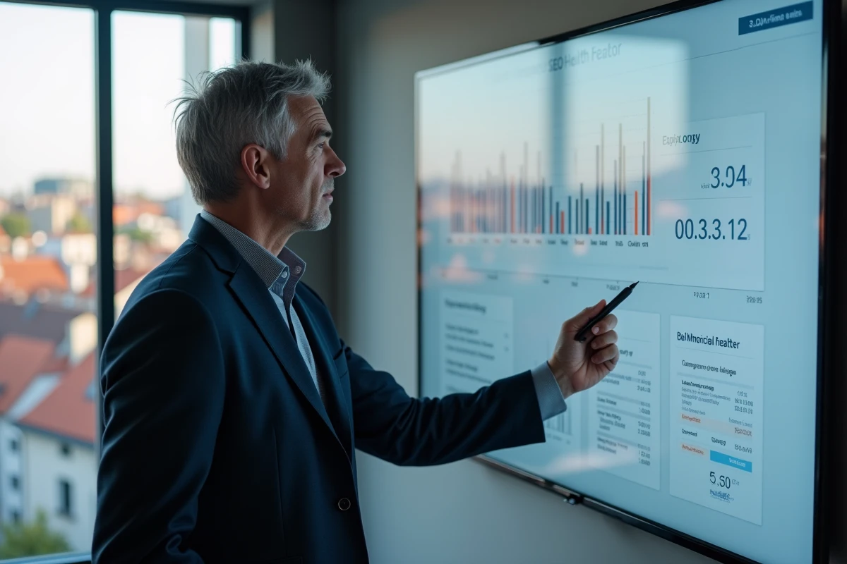 Expert en référencement naturel présentant un tableau de bord d'audit SEO dans une agence digitale à Strasbourg avec vue sur les toits alsaciens
