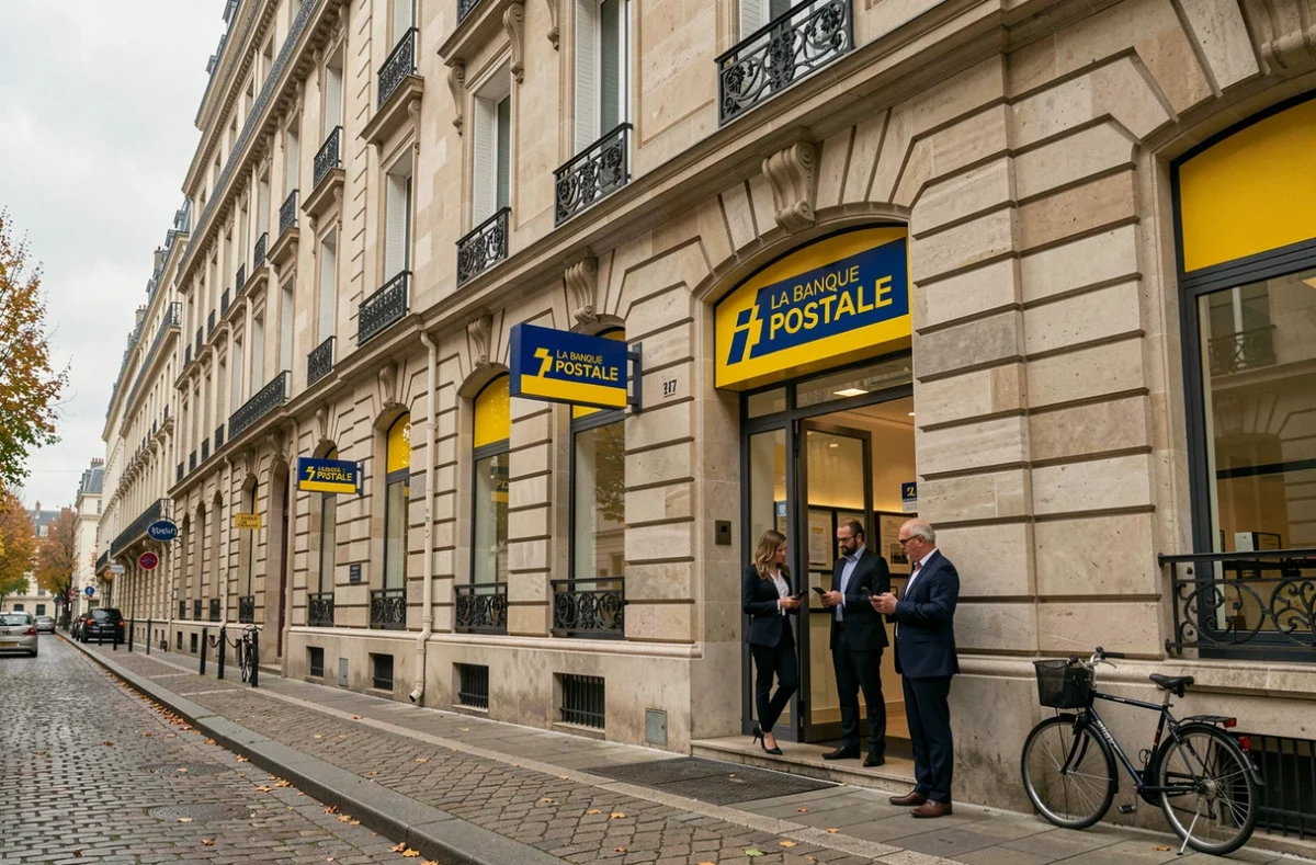Façade d'une agence La Banque Postale en France avec des employés en discussion devant l'entrée dans un contexte de changement de direction