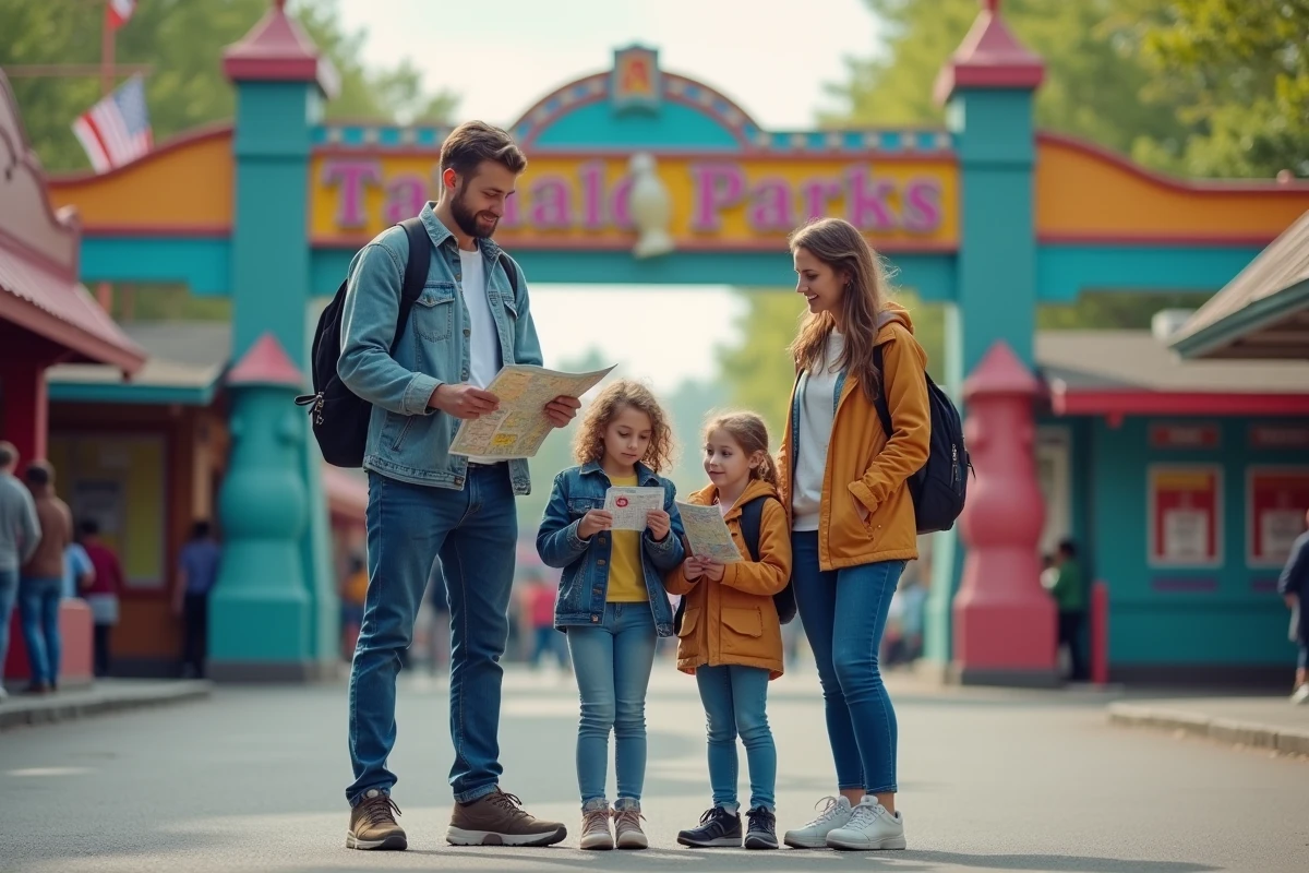 Famille utilisant des billets à tarif réduit obtenus via le CSE pour visiter un parc d'attractions
