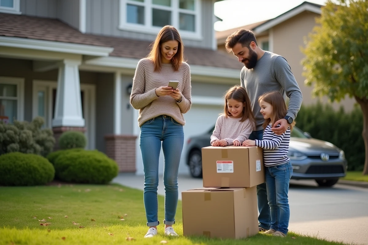 Famille dans le jardin avec colis et maison en arri&egrave;re-plan
