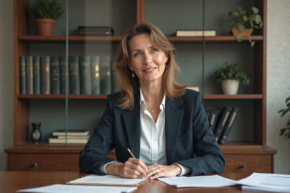 Femme d'affaires assise à son bureau en cabinet juridique
