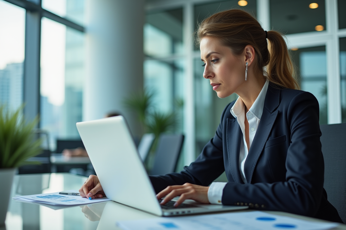 Femme d'affaires analysant des graphiques de ventes sur son ordinateur