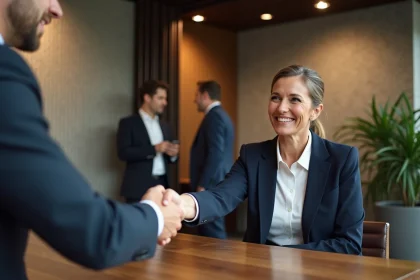 Femme d'affaires souriante serre la main d'un coll&egrave;gue dans un salon professionnel