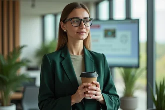 Femme d'affaires en vert tenant une tasse écologique dans un bureau lumineux