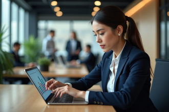 Jeune femme d'affaires avec tablette de KPI en bureau