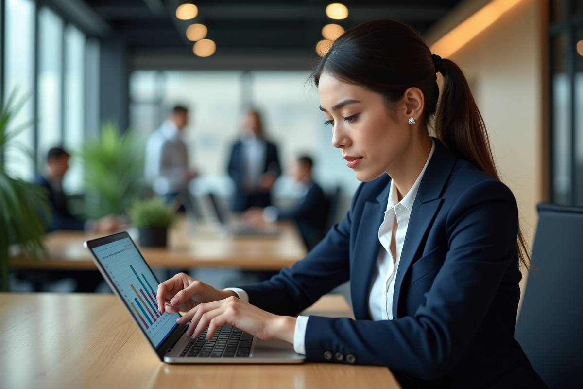 Jeune femme d'affaires avec tablette de KPI en bureau
