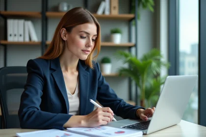 Femme d'affaires analysant des graphiques au bureau