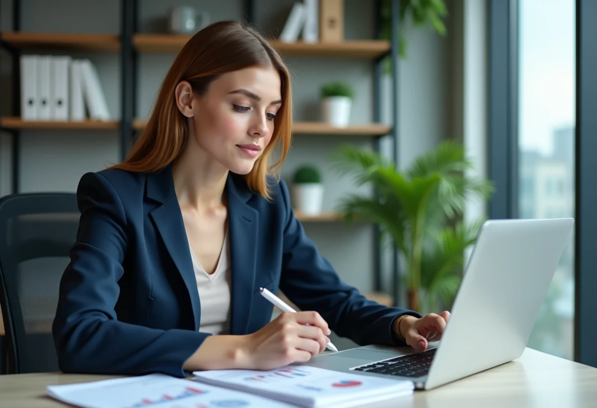 Femme d'affaires analysant des graphiques au bureau