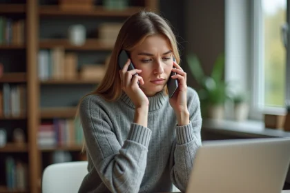 Femme appelant le service client Backmarket depuis son bureau à domicile avec un smartphone
