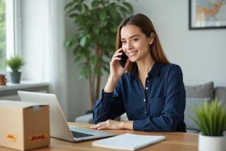 Femme appelant le service client DHL depuis son bureau à domicile avec un colis posé sur la table