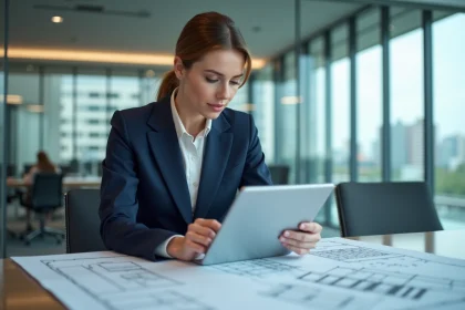 Femme en costume bleu examinant des plans architecturaux