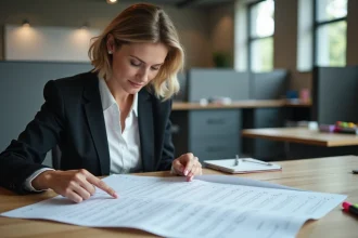 Femme professionnelle consultant un calendrier de jours de travail annuel dans un bureau moderne
