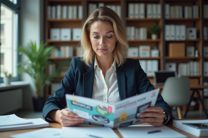 Femme d'affaires regardant une brochure Carrefour dans un bureau moderne