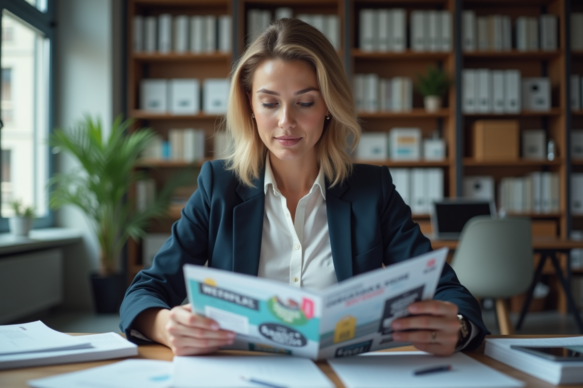 Femme d'affaires regardant une brochure Carrefour dans un bureau moderne