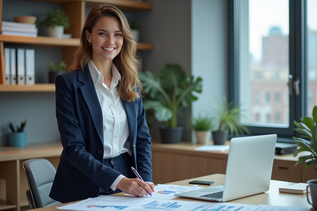 Femme professionnelle souriante dans un bureau moderne