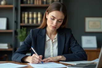 Femme professionnelle en bureau avec documents et legal