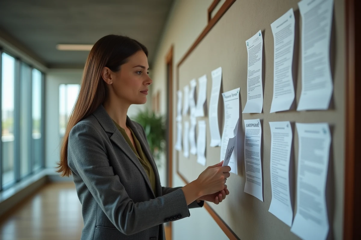 Femme professionnelle lit des notices sur un tableau d
