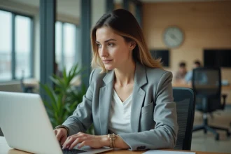 Femme au bureau moderne travaillant sur son ordinateur portable