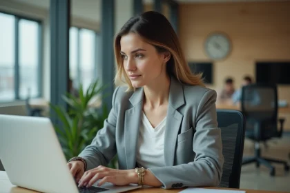 Femme au bureau moderne travaillant sur son ordinateur portable