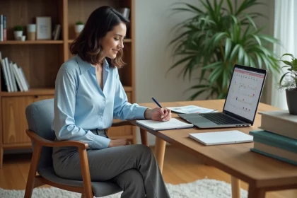 Jeune femme au bureau organis&eacute; avec calendrier digital