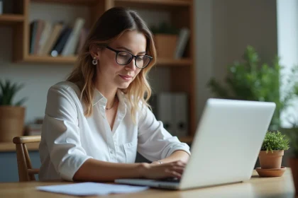 Femme au bureau regardant une fiche de paie numérique