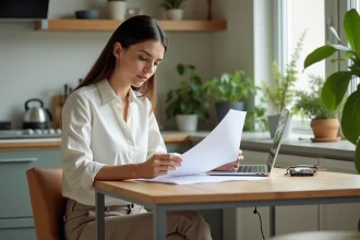 Femme au bureau lisant des papiers dans un appartement lumineux