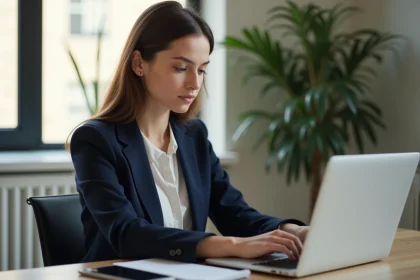 Jeune femme au bureau consulte un portail client sur son ordinateur