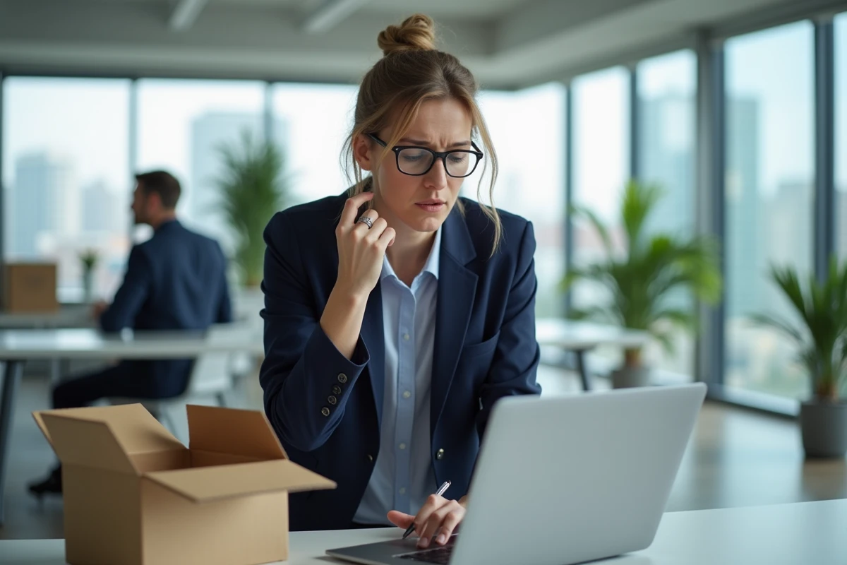Femme en bureau consultant un suivi de colis DHL en retard sur son ordinateur portable