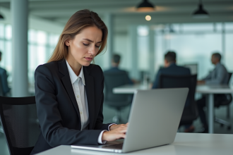 Femme au bureau en stress regardant son ordinateur