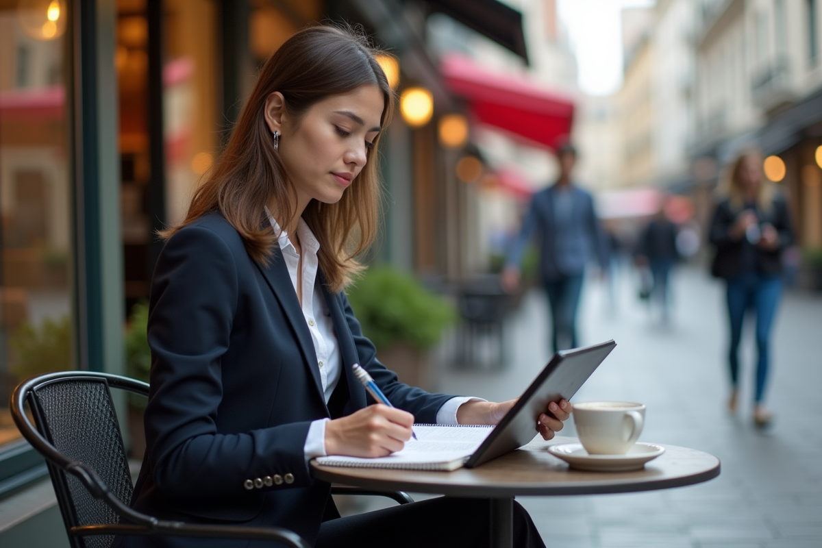 Jeune femme analysant un rapport marketing en terrasse