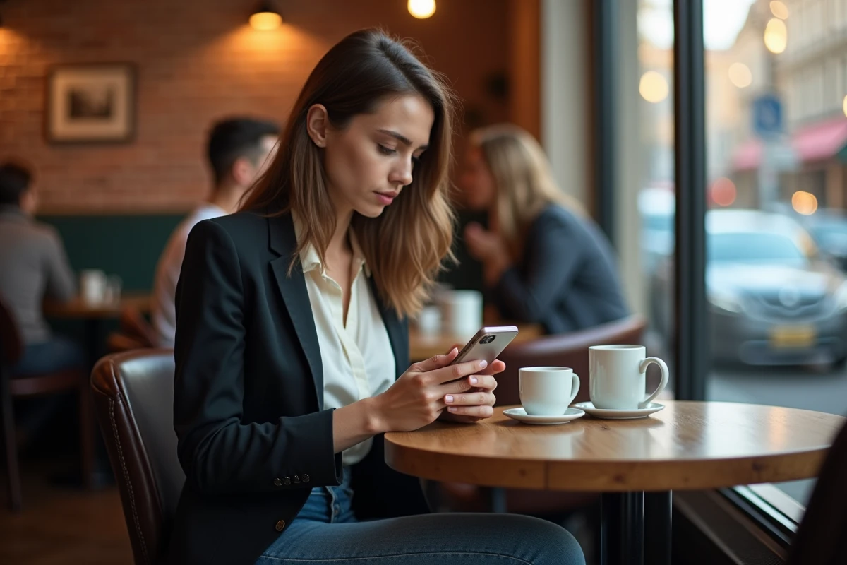 Jeune femme dans un café tapant une critique sur son smartphone