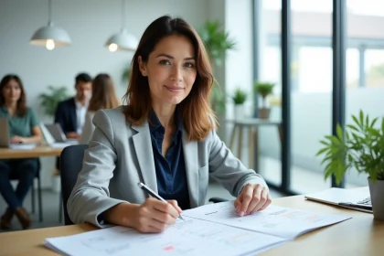 Femme en blazer gris consultant un calendrier annuel imprimé avec des jours travaillés surlignés sur un bureau de bureau moderne