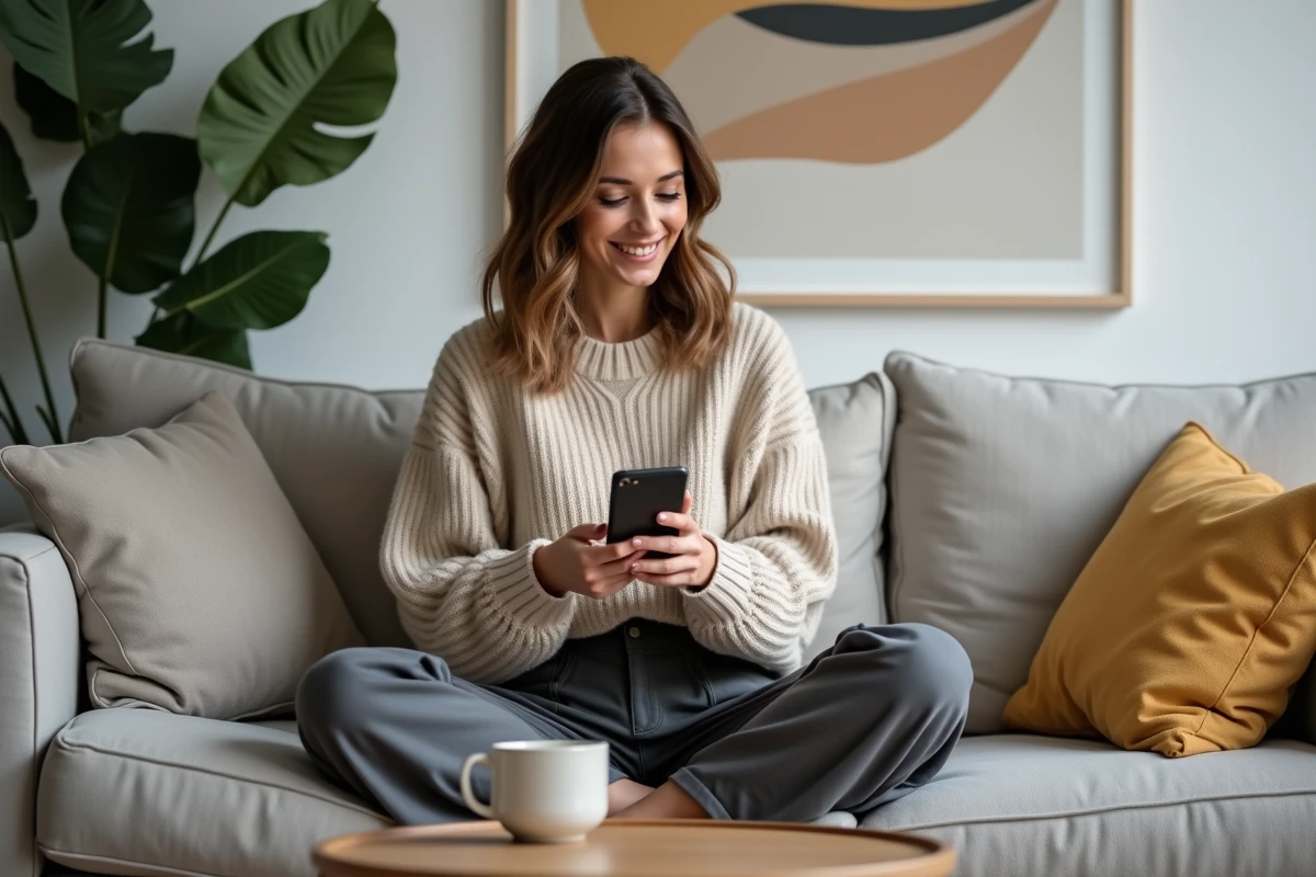 Femme coach digitale consultant son interface Stan.store sur smartphone depuis son salon aménagé en espace de travail créatif