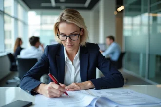 Comptable annotant une facture acquittée sur papier dans un bureau professionnel, illustrant les erreurs courantes sur les justificatifs comptables