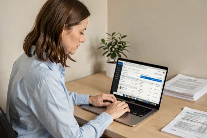 Femme consultant ses anciennes fiches de paie en ligne sur un ordinateur portable via Arkevia