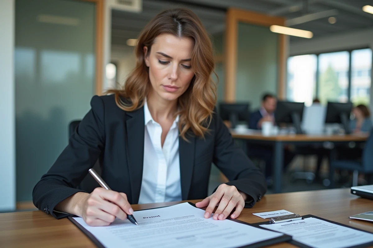 Femme d affaires examine un contrat de travail dans un bureau lumineux