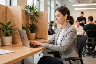 Femme professionnelle travaillant dans un espace de coworking moderne à Antony avec bureau en bois et plantes vertes