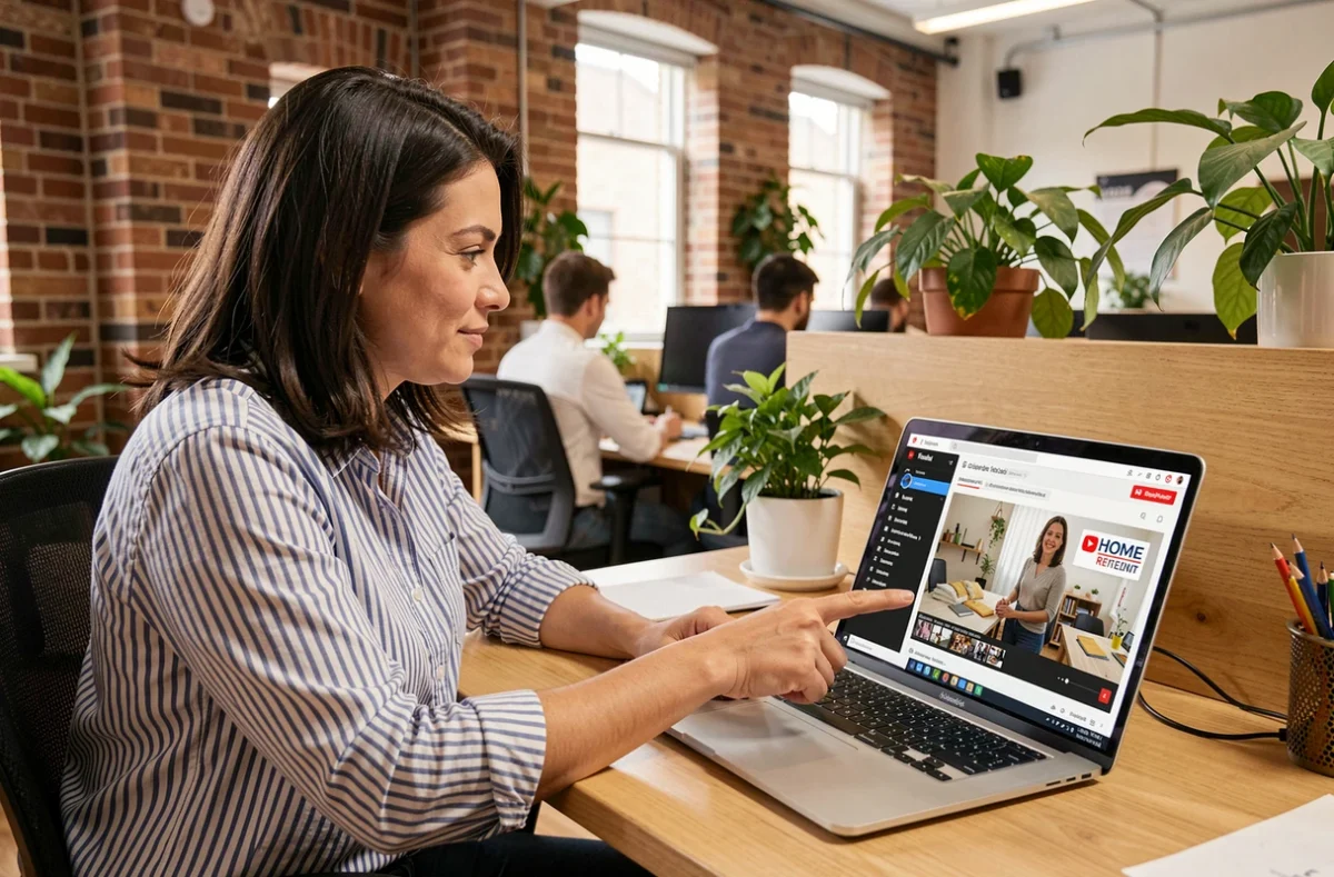 Femme en espace de coworking intégrant un logo enseigne bricolage dans une vidéo YouTube tutoriel