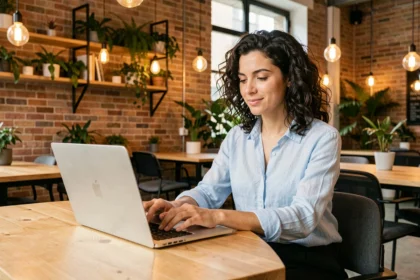 Femme travaillant sur son ordinateur portable dans un espace de coworking moderne à Pantin avec murs en briques et plantes vertes