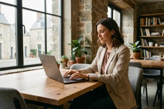 Femme en coworking à Saint-Malo travaillant sur son ordinateur dans un espace de travail partagé au style contemporain et breton