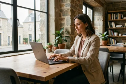 Femme en coworking à Saint-Malo travaillant sur son ordinateur dans un espace de travail partagé au style contemporain et breton